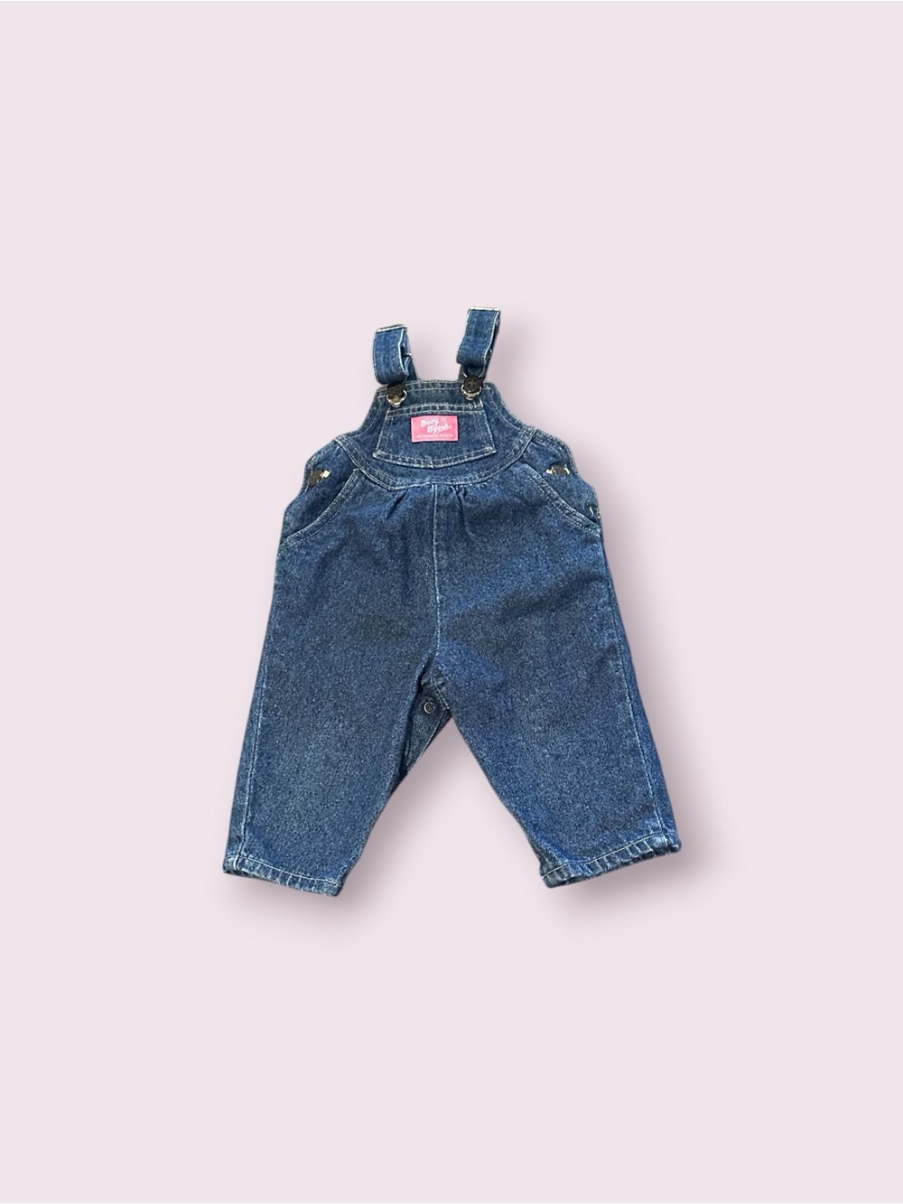 Vintage Baby OshKosh B'Gosh Denim Overalls in Dark Blue Pink Logo Sz 12 Mon
